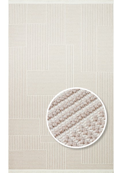 Bej Geometrik Etnik Modern Desenli Hav Vermeyen Leke Tutmayan Kolay Temizlenen Yumuşak Makine Salon Yolluk Mutfak Halı