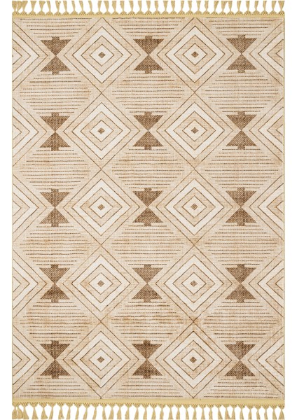 Pratyusha Bej Geometrik Etnik Modern Desenli Kadife Makinada Yıkanabilir Hav Toz Vermez Leke Tutmayan Kaymaz Taban Dijital Makine Baskı Salon Yolluk Mutfak Halı