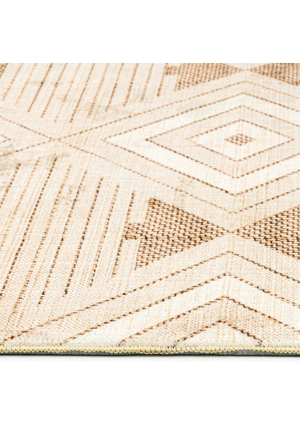 Pratyusha Bej Geometrik Etnik Modern Desenli Kadife Makinada Yıkanabilir Hav Toz Vermez Leke Tutmayan Kaymaz Taban Dijital Makine Baskı Salon Yolluk Mutfak Halı modelleri