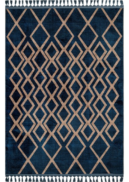 Praveen Lacivert Geometrik Etnik Modern Desenli Bambu Makinada Yıkanabilir Hav Toz Vermez Leke Tutmayan Kaymaz Taban Dijital Makine Baskı Salon Yolluk Mutfak Halı