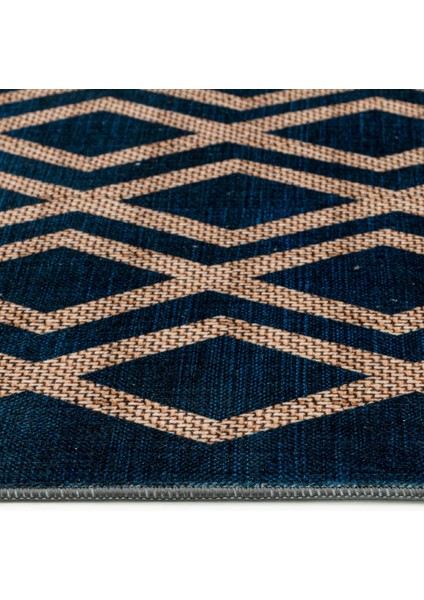 Praveen Lacivert Geometrik Etnik Modern Desenli Bambu Makinada Yıkanabilir Hav Toz Vermez Leke Tutmayan Kaymaz Taban Dijital Makine Baskı Salon Yolluk Mutfak Halı modelleri