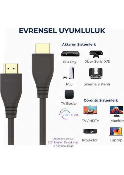 8K@60Hz HDMI 2.1 Ethernet 48Gbps. Veri Aktarım - eARC - 3D Ready Destekli Altın Kaplama 5 Metre HDMI Kablo fırsatları