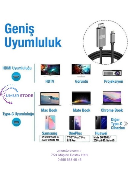1.8 Metre Type-C To HDMI 4K 60Hz Ses ve Görüntü Kablosu, Telefon, Tablet, Pc HDMI Kablosu fiyatları