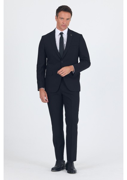 Siyah Düz Gabardin Mono Yaka 2 Düğme 6 Drop Comfort Fit Basic Takım Elbise 1001250010_001
