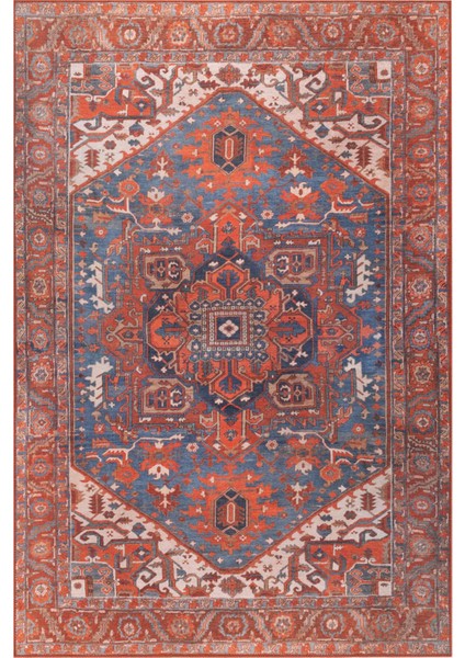 Derry Klasik Turuncu Polyester Kare Modern Desenli Pamuk Makinada Yıkanabilir Hav Toz Vermez Leke Tutmayan Kaymaz Taban Dijital Makine Baskı Salon Yolluk Mutfak Halı