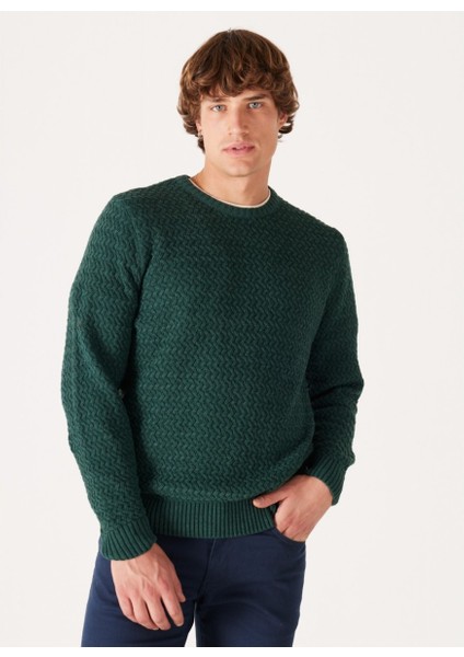 Regular Fit Normal Kesim Bisiklet Yaka Yeşil Triko Kazak