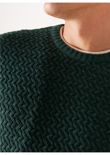 Regular Fit Normal Kesim Bisiklet Yaka Yeşil Triko Kazak