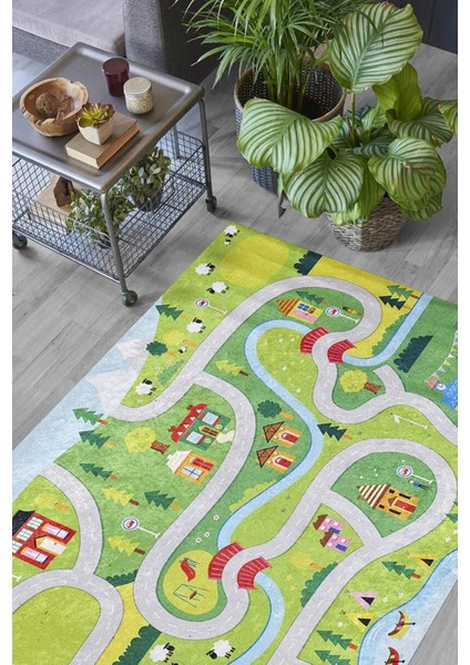 Caceres Figürlü Yeşil Polyester Kare Modern Desenli Pamuk Makinada Yıkanabilir Hav Toz Vermez Leke Tutmayan Kaymaz Taban Dijital Makine Baskı Salon Yolluk Mutfak Halı fiyatları