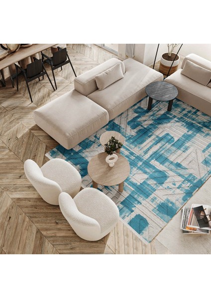 Geometrik Mavi Pamuk Kare Modern Desenli Pamuk Makinada Yıkanabilir Hav Toz Vermez Leke Tutmayan Kaymaz Taban Dijital Makine Baskı Salon Yolluk Mutfak Halı modelleri