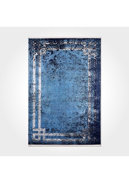 Claire Çerçeveli Mavi Pamuk Dikdörtgen Modern Desenli Pamuk Makinada Yıkanabilir Hav Toz Vermez Leke Tutmayan Kaymaz Taban Dijital Makine Baskı Salon Yolluk Mutfak Halı