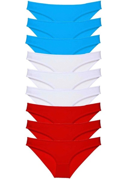 9 Adet Süper Eko Set Likralı Kadın Slip Külot Kırmızı Beyaz Mavi