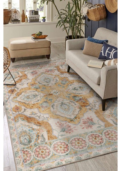 Algarve Klasik Krem Polyester Dikdörtgen Modern Desenli Pamuk Makinada Yıkanabilir Hav Toz Vermez Leke Tutmayan Kaymaz Taban Dijital Makine Baskı Salon Yolluk Mutfak Halı