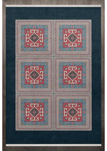 Geometrik Lacivert Pamuk Dikdörtgen Modern Desenli Pamuk Makinada Yıkanabilir Hav Toz Vermez Leke Tutmayan Kaymaz Taban Dijital Makine Baskı Salon Yolluk Mutfak Halı