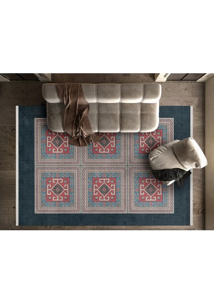 Geometrik Lacivert Pamuk Dikdörtgen Modern Desenli Pamuk Makinada Yıkanabilir Hav Toz Vermez Leke Tutmayan Kaymaz Taban Dijital Makine Baskı Salon Yolluk Mutfak Halı fiyatları