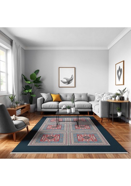 Geometrik Lacivert Pamuk Dikdörtgen Modern Desenli Pamuk Makinada Yıkanabilir Hav Toz Vermez Leke Tutmayan Kaymaz Taban Dijital Makine Baskı Salon Yolluk Mutfak Halı fırsatları