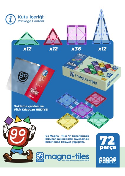 Go Magna-Tiles 72 Parça Manyetik Yapı Blokları Original - Mıknatıslı Eğitici Oyuncak