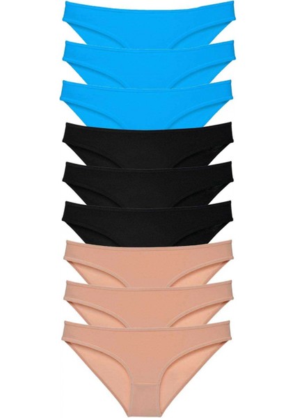 9 Adet Süper Eko Set Likralı Kadın Slip Külot Siyah Ten Mavi