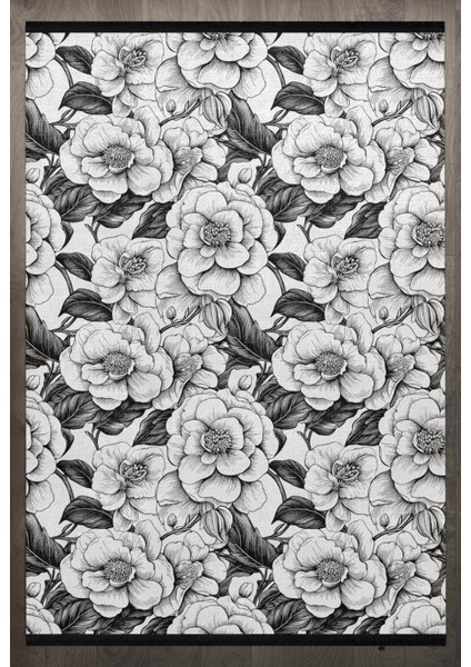 Çiçekli Beyaz Pamuk Dikdörtgen Modern Desenli Pamuk Makinada Yıkanabilir Hav Toz Vermez Leke Tutmayan Kaymaz Taban Dijital Makine Baskı Salon Yolluk Mutfak Halı