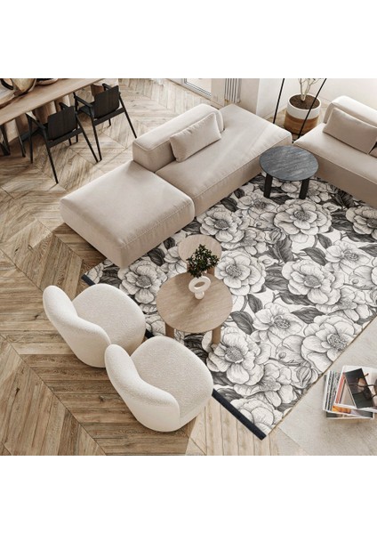Çiçekli Beyaz Pamuk Dikdörtgen Modern Desenli Pamuk Makinada Yıkanabilir Hav Toz Vermez Leke Tutmayan Kaymaz Taban Dijital Makine Baskı Salon Yolluk Mutfak Halı modelleri