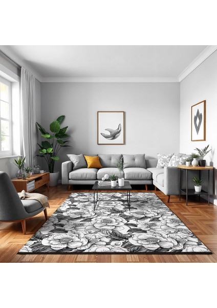 Çiçekli Beyaz Pamuk Dikdörtgen Modern Desenli Pamuk Makinada Yıkanabilir Hav Toz Vermez Leke Tutmayan Kaymaz Taban Dijital Makine Baskı Salon Yolluk Mutfak Halı fırsatları