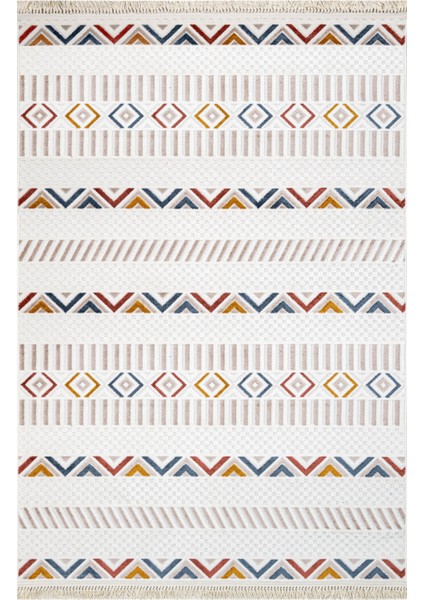 Keylinn Krem Geometrik Etnik Modern Desenli Hav Vermeyen Leke Tutmayan Kolay Temizlenen Yumuşak Makine Salon Yolluk Mutfak Halı