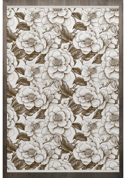 Çiçekli Kahverengi Pamuk Dikdörtgen Modern Desenli Pamuk Makinada Yıkanabilir Hav Toz Vermez Leke Tutmayan Kaymaz Taban Dijital Makine Baskı Salon Yolluk Mutfak Halı