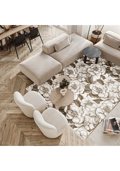 Çiçekli Kahverengi Pamuk Dikdörtgen Modern Desenli Pamuk Makinada Yıkanabilir Hav Toz Vermez Leke Tutmayan Kaymaz Taban Dijital Makine Baskı Salon Yolluk Mutfak Halı fırsatları