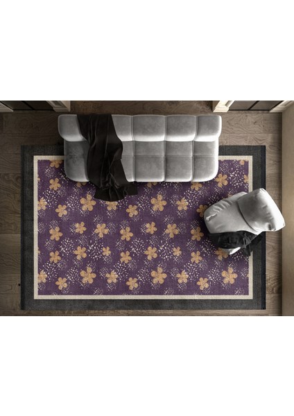 Çiçekli Mor Pamuk Dikdörtgen Modern Desenli Pamuk Makinada Yıkanabilir Hav Toz Vermez Leke Tutmayan Kaymaz Taban Dijital Makine Baskı Salon Yolluk Mutfak Halı modelleri
