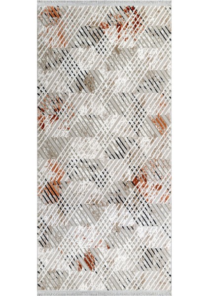 Tabitha Çizgili Gri Akrilik Kare Modern Desenli Akrilik Hav Vermeyen Leke Tutmayan Kolay Temizlenen Yumuşak Makine Salon Yolluk Mutfak Halı