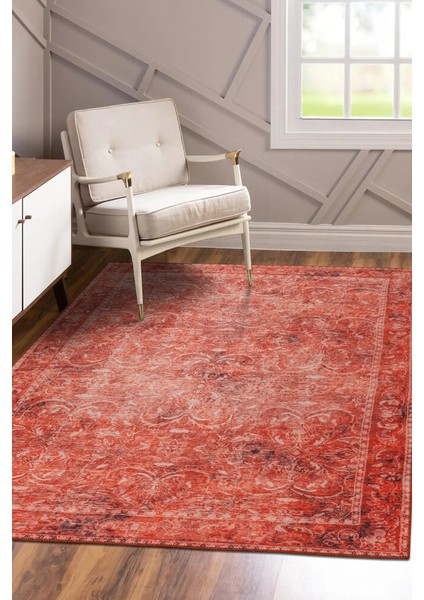Clifton Modern Kırmızı Polyester Dikdörtgen Modern Desenli Pamuk Makinada Yıkanabilir Hav Toz Vermez Leke Tutmayan Kaymaz Taban Dijital Makine Baskı Salon Yolluk Mutfak Halı