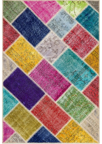 Iskece Bej Patchwork Yün Modern Desenli Yün Hav Toz Vermez Leke Tutmayan Salon Yolluk Mutfak El Dokuma Halı