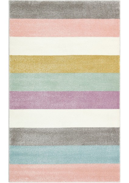 Nuziders Pembe Çizgili Etnik Modern Desenli Poliproplen Hav Vermeyen Leke Tutmayan Kolay Temizlenen Yumuşak Makine Salon Yolluk Mutfak Halı