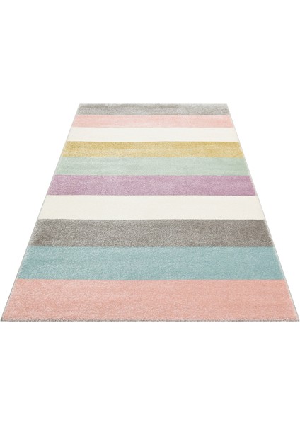 Nuziders Pembe Çizgili Etnik Modern Desenli Poliproplen Hav Vermeyen Leke Tutmayan Kolay Temizlenen Yumuşak Makine Salon Yolluk Mutfak Halı modelleri