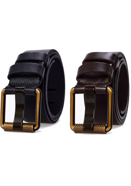 2'li Erkek Deri Sarı Borulu 4,5 cm Kot Kemeri