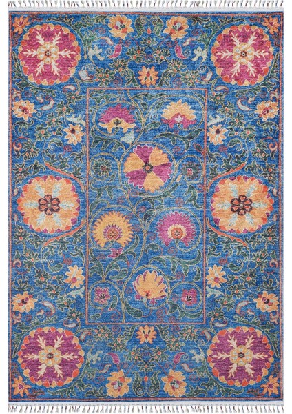 Lomza Mavi Göbekli Etnik Modern Desenli Makinada Yıkanabilir Hav Toz Vermez Leke Tutmayan Kaymaz Taban Dijital Makine Baskı Salon Yolluk Mutfak Halı