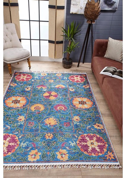 Lomza Mavi Göbekli Etnik Modern Desenli Makinada Yıkanabilir Hav Toz Vermez Leke Tutmayan Kaymaz Taban Dijital Makine Baskı Salon Yolluk Mutfak Halı modelleri