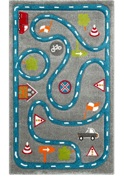 Lochau Gri Figürlü Etnik Modern Desenli Poliproplen Hav Vermeyen Leke Tutmayan Kolay Temizlenen Yumuşak Makine Salon Yolluk Mutfak Halı