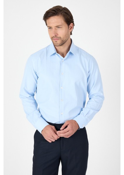 Koyu Mavi Uzun Kol Sert Yaka Cepsiz Comfort Fit Pamuklu Gömlek 1004250914
