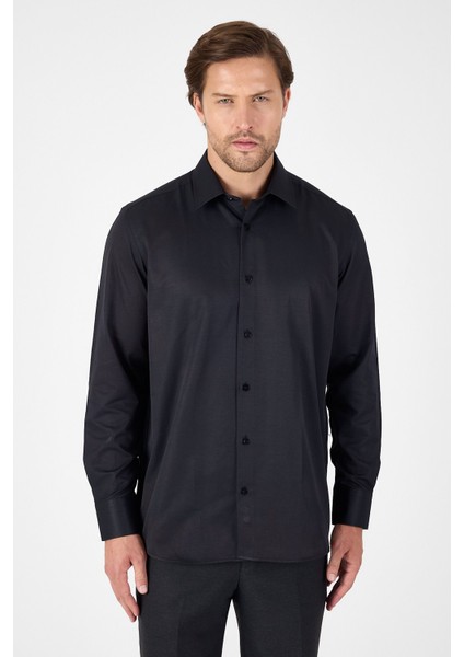 Siyah Uzun Kol Sert Yaka Cepsiz Comfort Fit Pamuklu Gömlek 1004250914