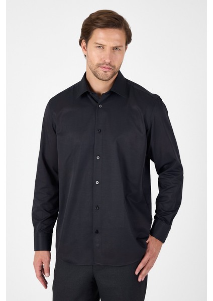 Siyah Uzun Kol Sert Yaka Cepsiz Comfort Fit Pamuklu Gömlek 1004250914 modelleri
