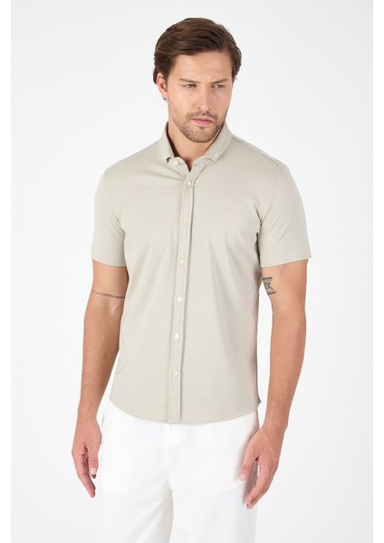 Taş Rengi Kısa Kol Düğmeli Yaka Cepsiz Performans Ürün Slim Fit Gömlek 1004250256