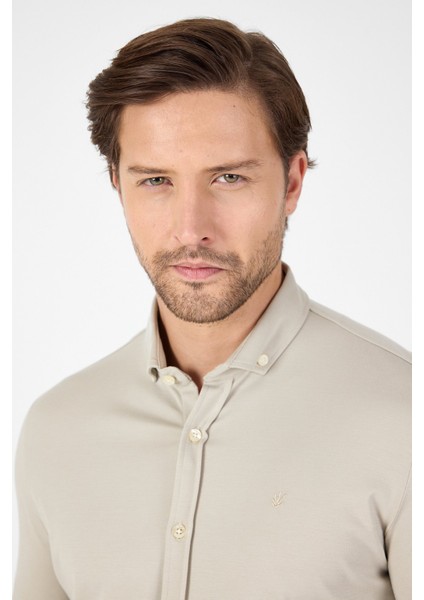 Taş Rengi Kısa Kol Düğmeli Yaka Cepsiz Performans Ürün Slim Fit Gömlek 1004250256 fırsatları