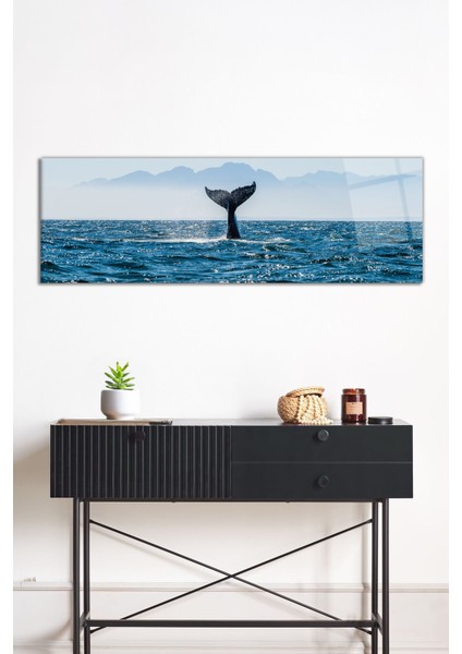 Mavi Deniz Balina Manzara Panoramik Cam Tablo, Darbelere Dayanıklı Kırılmaz Cam, Hediyelik