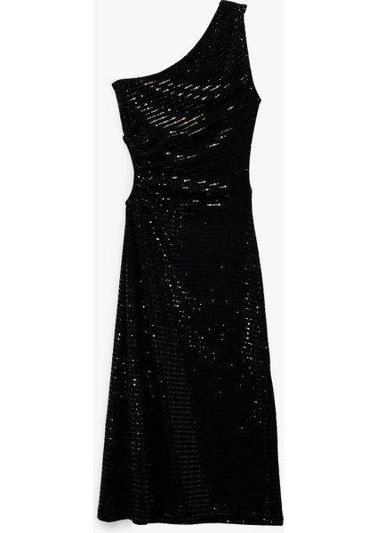 Pullu Payetli Kolsuz Pencere Detaylı Tek Omuz Uzun Abiye Elbise