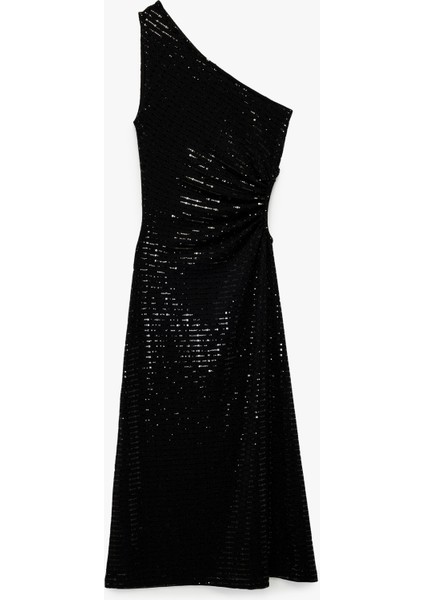 Pullu Payetli Kolsuz Pencere Detaylı Tek Omuz Uzun Abiye Elbise fiyatları