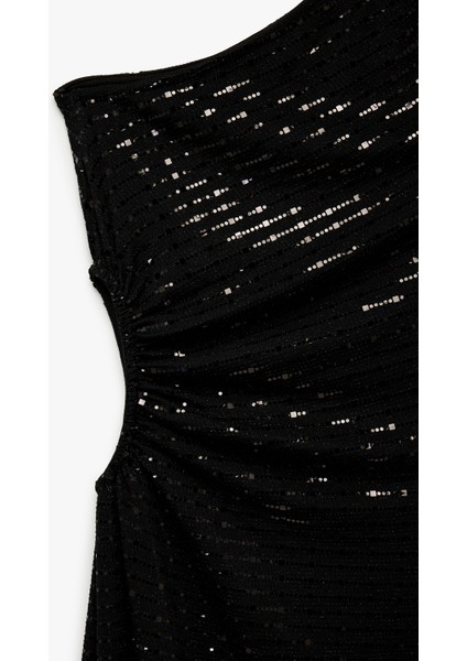 Pullu Payetli Kolsuz Pencere Detaylı Tek Omuz Uzun Abiye Elbise modelleri