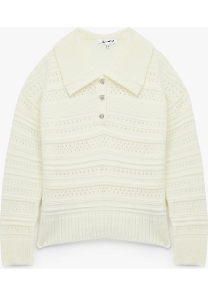 Ajurlu Uzun Kollu Taşlı Düğmeli Polo Yaka Triko Kazak