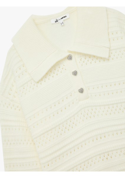 Ajurlu Uzun Kollu Taşlı Düğmeli Polo Yaka Triko Kazak modelleri