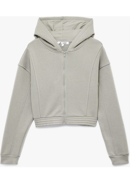 Şardonlu Uzun Kollu Fermuarlı Kapüşonlu Oversize Sweatshirt