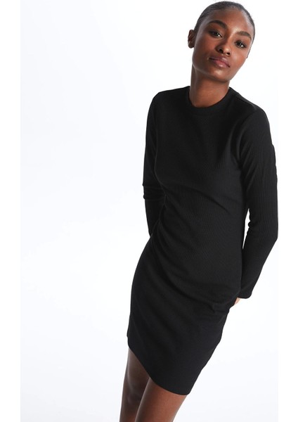 Lcw Vision Siyah Bisiklet Yaka Düz Uzun Kollu Kadın Elbise modelleri